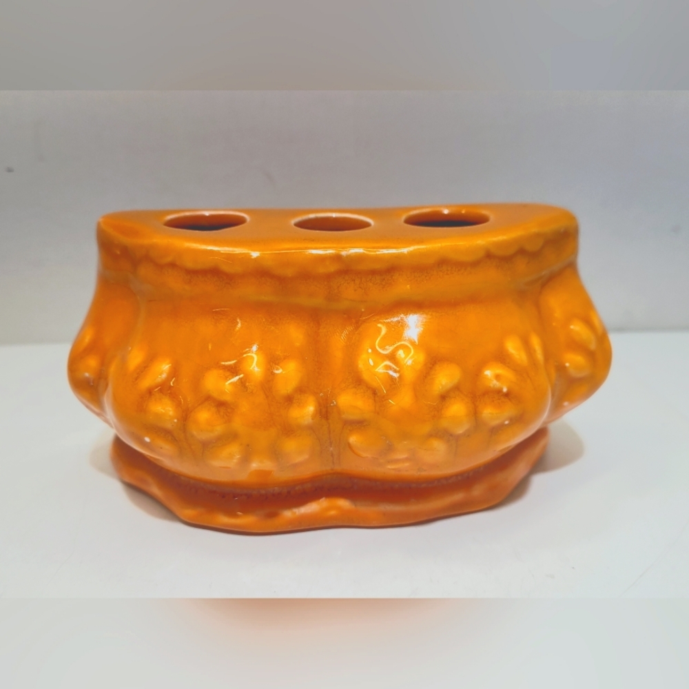 Vintage Orange Toothbrush And Soap Holder W/ 3d Flowers California Pottery MCM